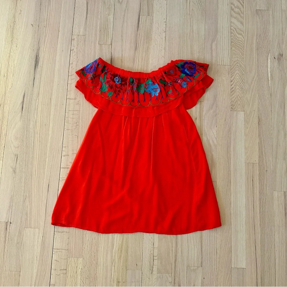 Altar’d State Red Off Shoulder Mini Dress with Flower Embroidery, Size XS - Picture 5 of 8